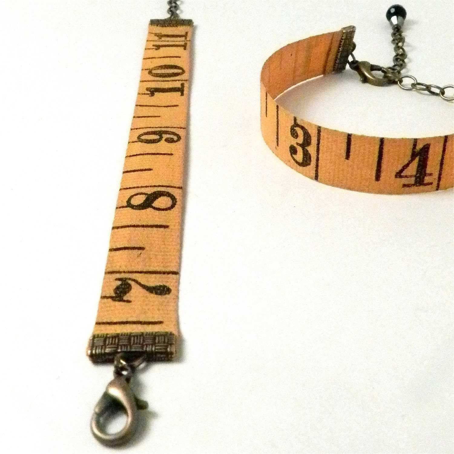 Yellow & Black Vintage Measuring Tape Bracelet - Antique Brass