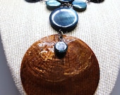 Waterfall Necklace--Statement Bib, Antiqued Brass, Teal Shell, Blue Quartz, Brown Capiz Shell