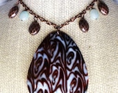Sandalwood Necklace--Shell Teardrop Pendant, Chocolate, Sky Blue, Amazonite, Copper