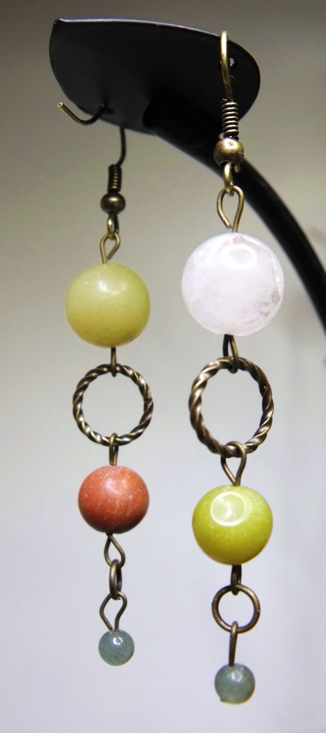 Lazy River Earrings--Multicolored Gemstones, Antiqued Brass, Matching Necklace Available