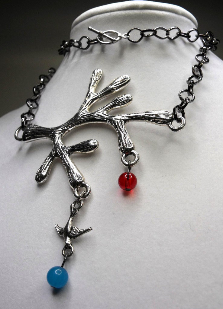 Branching Out Necklace--Tree Branch, Bird Charm, Red and Blue Glass Beads, Gunmetal
