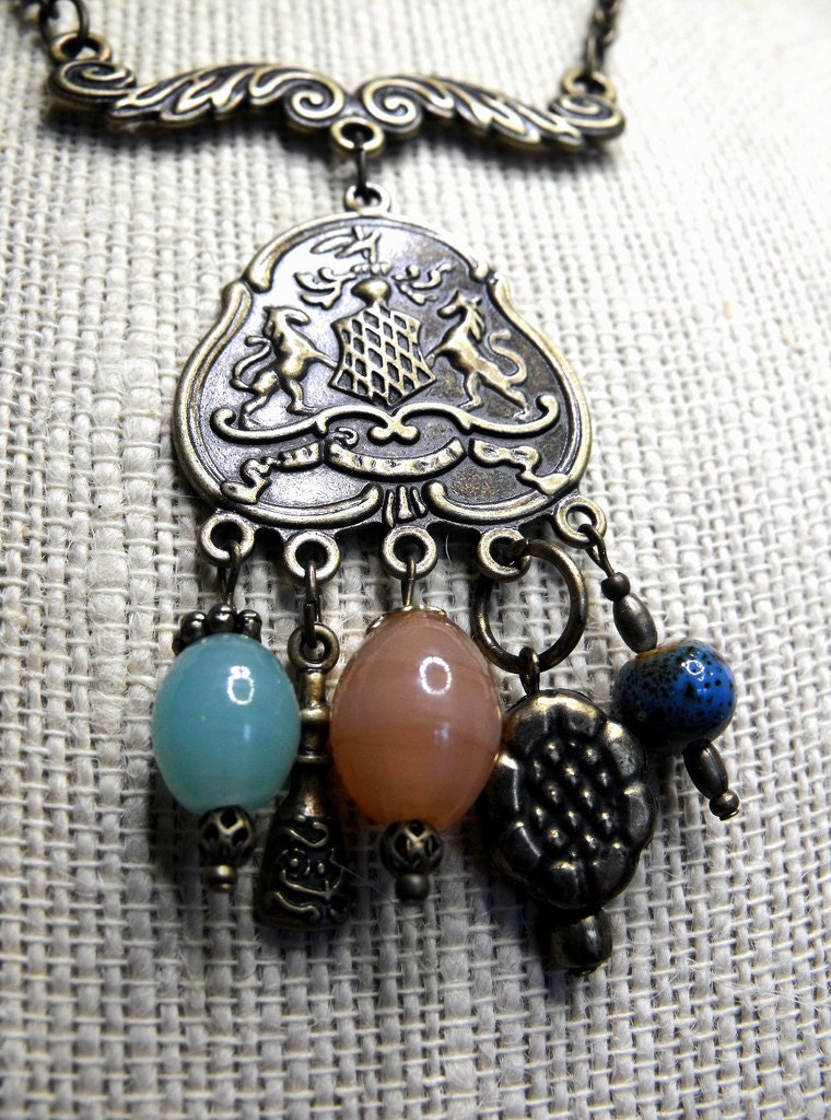 Palatial Necklace--Chandelier Pendant, Glass, Ceramic, Royal Scrollwork Motif, Ornate, Rococo, Art Nouveau