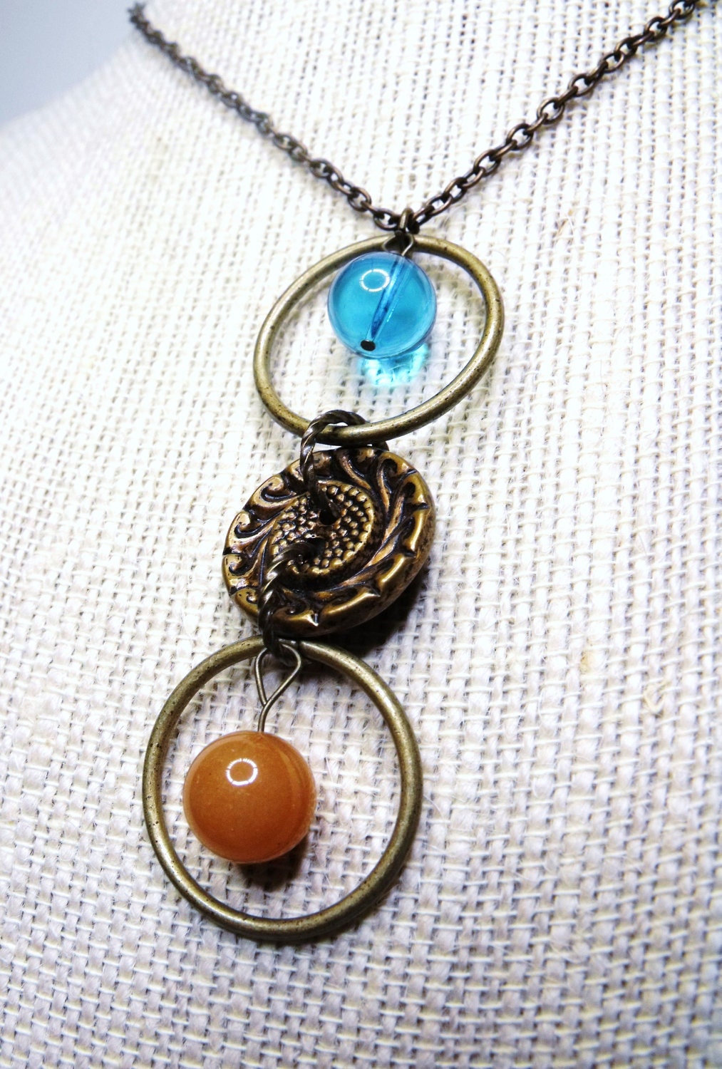 Button Up Necklace--Minimalist, Geometric, Antique Brass Button, Gemstones