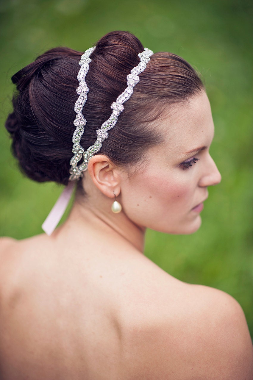 Crystal Bridal Double Ribbon Headband  -Danielle Double Weddding Swarovski Headband