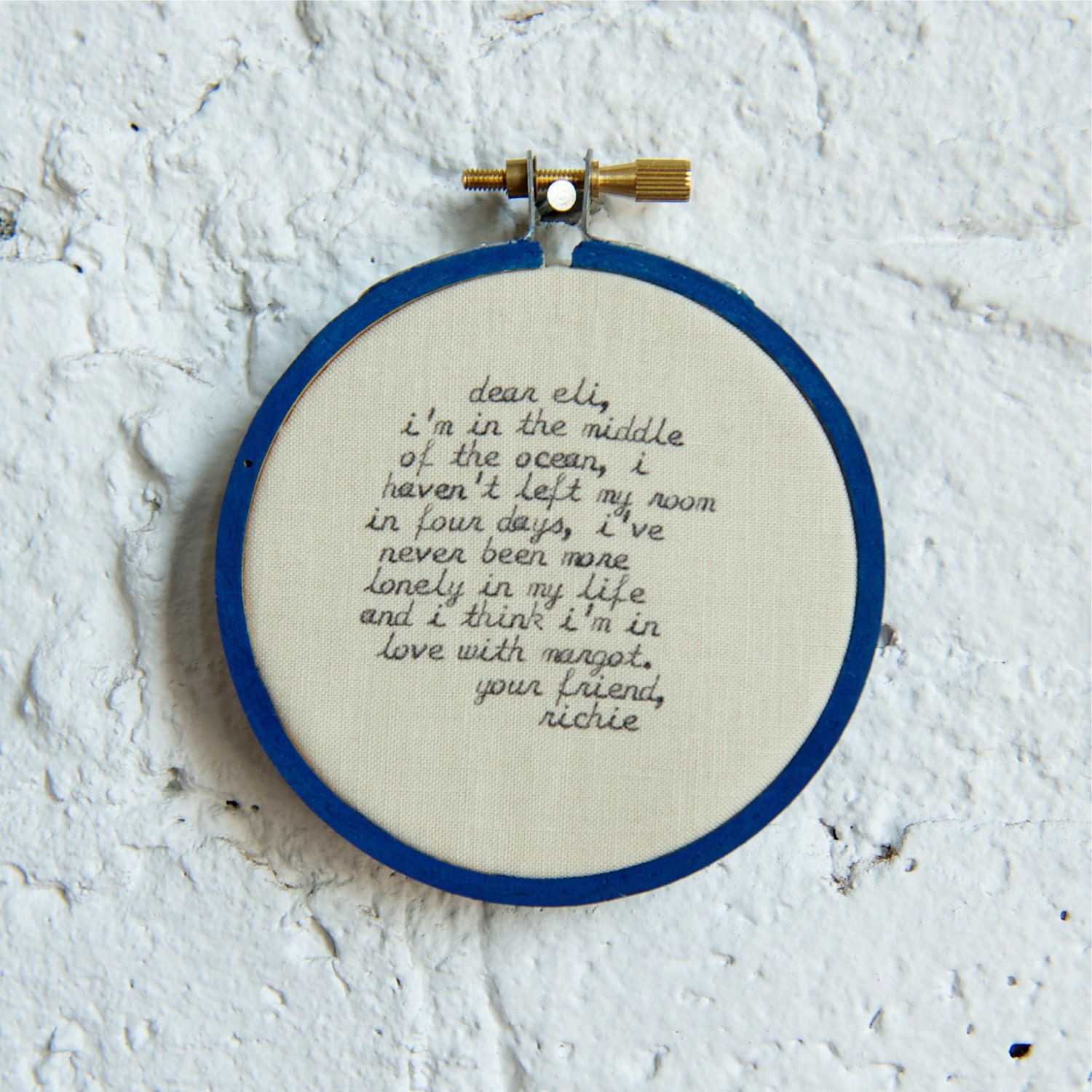 cursive typewritten on fabric wall hanging hoop art - blue - richie tenenbaum