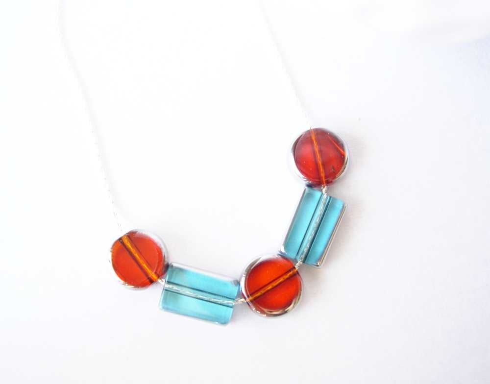 Modern Jewelry, Czech Glass Necklace, Geometric, Contemporary Jewellery, Orange, Light Blue, Discounted