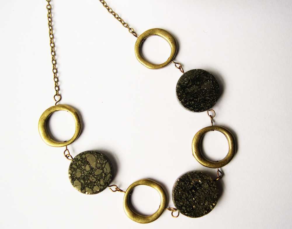 Stone Necklace - Stone Jewelry, Pyrite, Fool's Gold, Anitqued Brass, Mod, Modern Jewellery