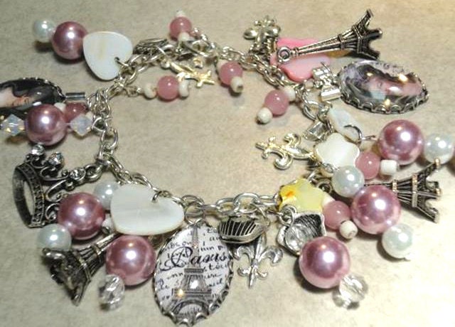 Charm Bracelet - Marie Antoinette, Let Them Eat Cake, Beaded Pearls, Fleur de Lis Charms