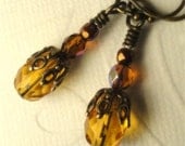 Orange Topaz Earrings Czech Amber Gold Citrine Glass Earrings Brass Filigree Natural Brass Vintage Style Earrings