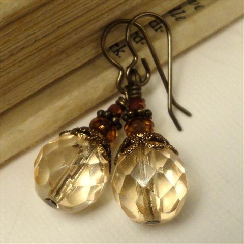 Champagne Glass Earrings Czech Honey Topaz Glass Drop Earrings Antique Brass Earrings