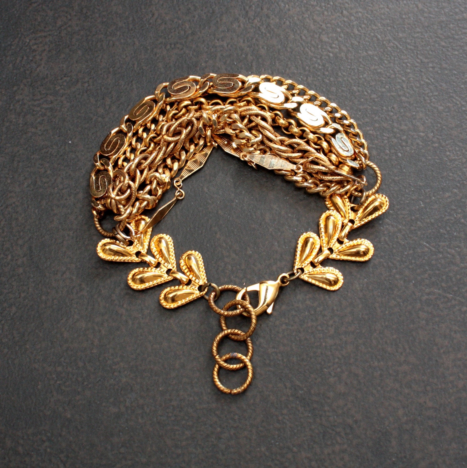 Bright Vintage Gold Multistrand Chain Bracelet with Bubbly Chevron Chain Linkers