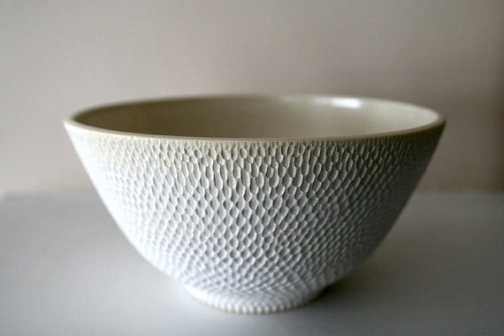 Elegant Intricately Carved Large Matte White Stoneware Bowl / Thousands of Hand-Carved Marks / Ostrich-Egg Matte Finish / "DAPPLE DIVOT"