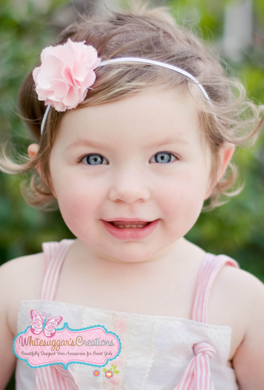 Petite Light Pink Satin Pom Pom Flower on Soft Skinny Ivory Headband - Baptism Headband - Flower Girl Headband - WhitesugarCreations