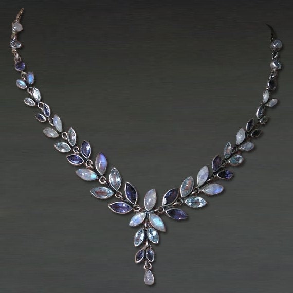 Handmade Artisan Pearl moonstone Purple Amethyst  Blue Topaz Gemstone 925 Sterling Silver Bridesmaid Wedding Gift  Jewelry Necklace (A)