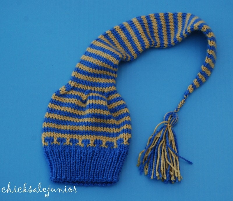 Seamless Soft Pixie Elf Munchkin Stocking baby infant hat any size. Ocean blue with sun shine yellow stripes. Cord and tassel. Ready to ship from Colorado. Perfect photo prop.