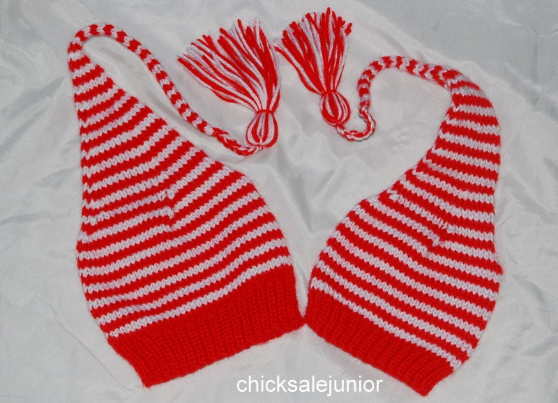 TWO Christmas baby Candy cane hats pixie elf  Newborn to 3 m and 12-18m. Stocking cap  red  white stripes. Cord and tassle. Photo prop