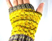Fingerless Mitts Knit in Multistripe Yellow and Gray OOAK