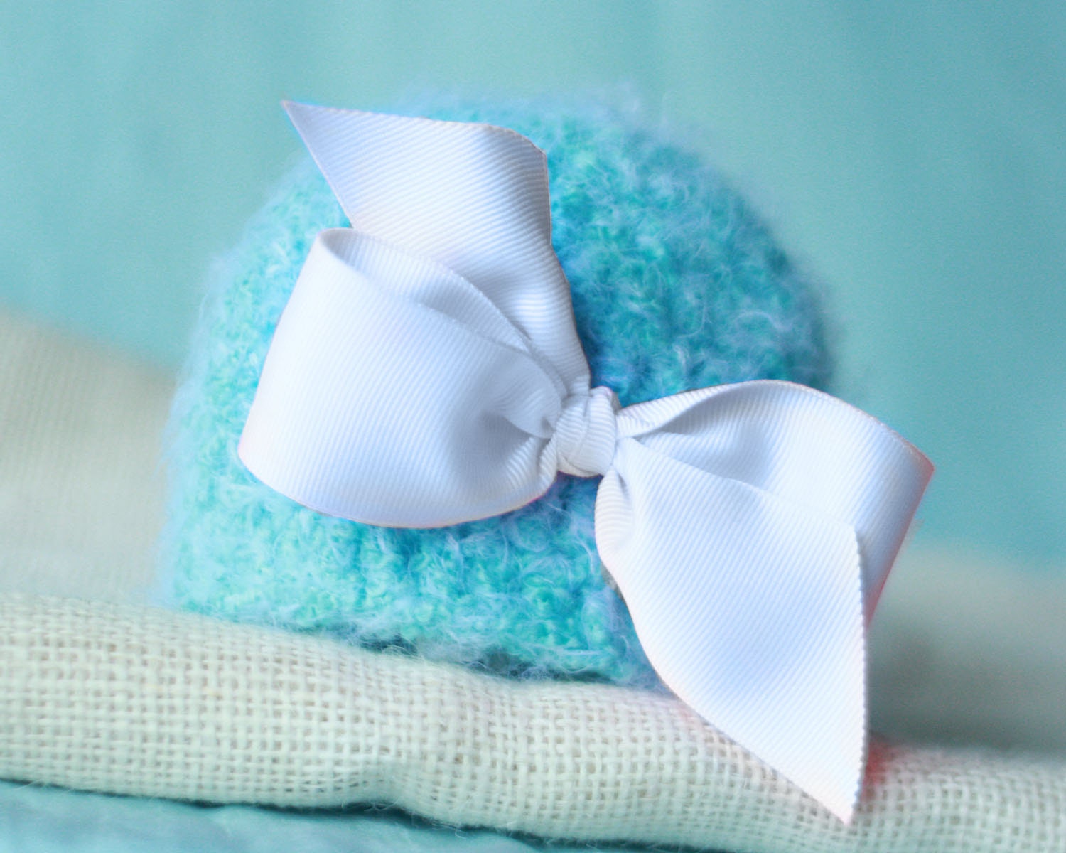 Tiffany -  Newborn Photo Prop Hat - Aqua with White Bow