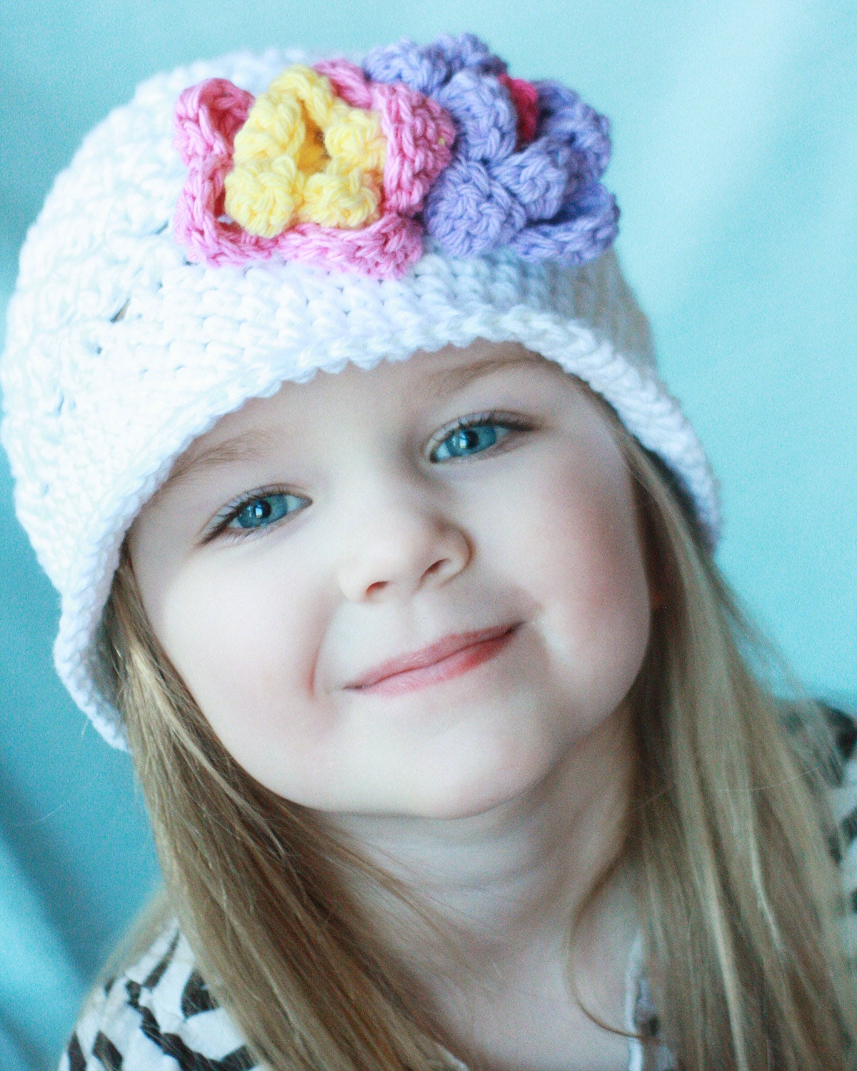 Elle - White Crochet Hat with Purple, Yellow and Pink Flowers - Spring Easter Hat - Size 0-24 Months