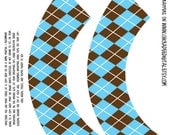 NEW Printable Cupcake Wrappers--TALL Blue and Brown Argyle...designed for use with decorative edged scissors