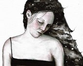 CONTEMPLATING THE MOON--signed (8x10) Print of an Original Ink and Acrylic Painting--PalePreoccupation