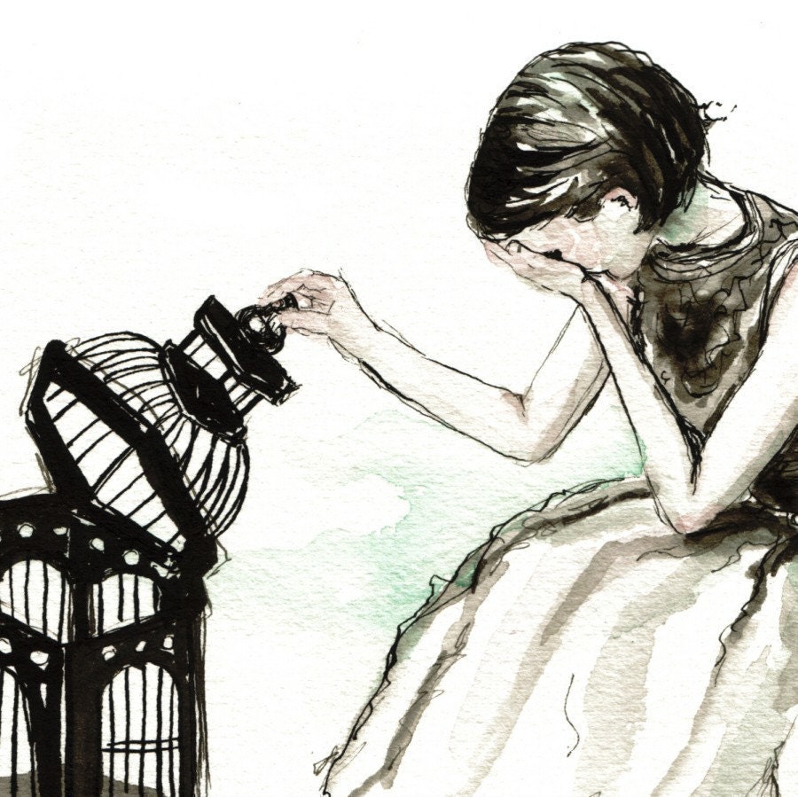 FLOWN--signed Print of an Original Ink and Watercolor Painting--PalePreoccupation