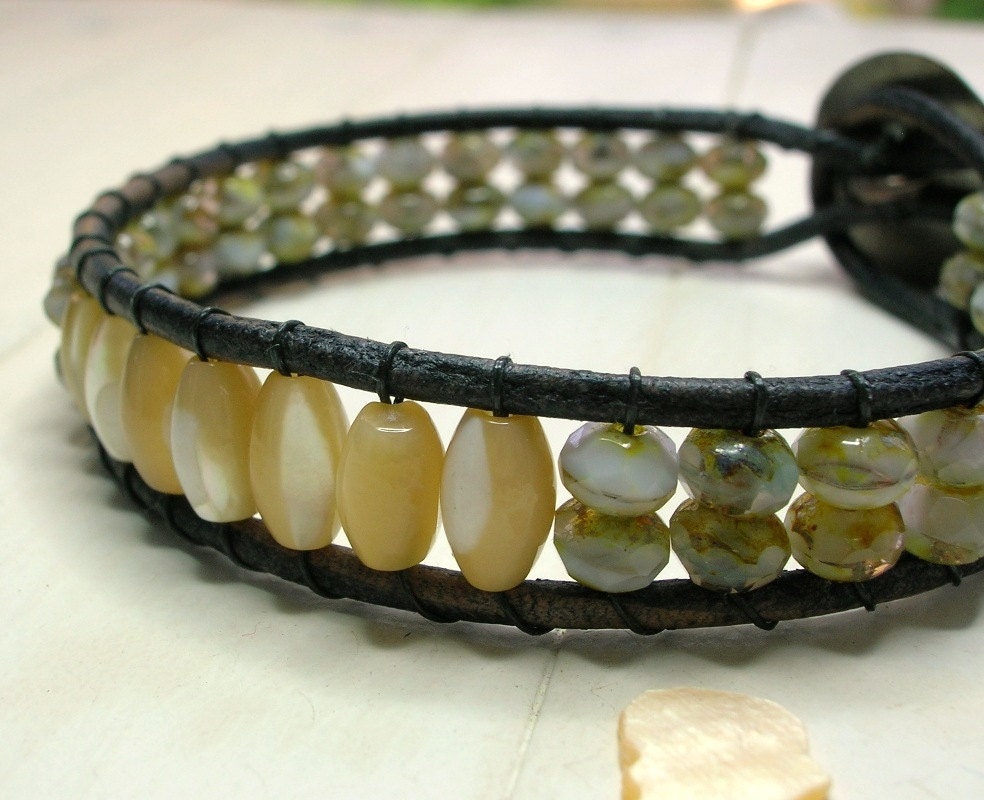 Boho leather wrap bracelet, mother of pearl beads, fine silver, czech glass, moss green Bohemian jewelry, stack, fall colors, nature