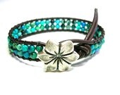 Gemstone leather wrap bracelet -Island Bohemian- Bohemian jewelry, blue green, hibiscus flower, tropical boho, stackable friendship bracelet