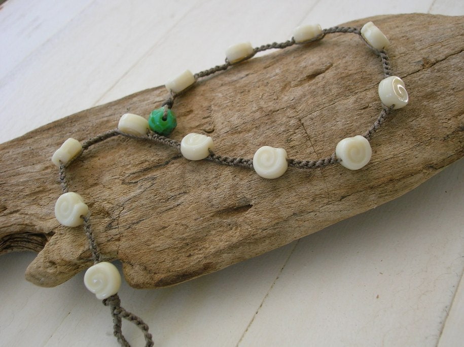 Sea shell crochet anklet, Bohemian jewelry under 25, beach surfing, summer, bone white, waterproof, turquoise green, boho chic, hippy girl