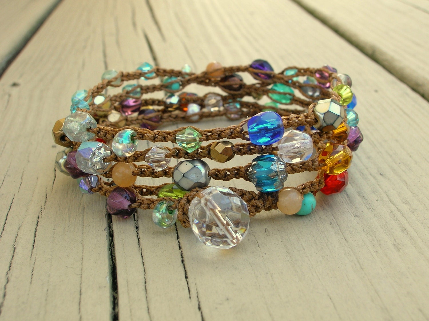 Colorful beaded wrap bracelet - Stained Glass -  Bohemian crochet jewelry, long necklace, gypsy,  jewel tones, sparkly