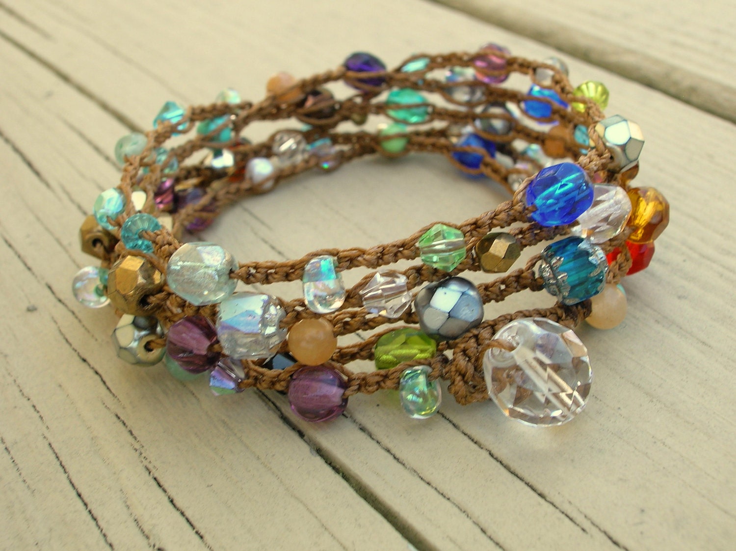 Colorful beaded wrap bracelet - Stained Glass -  Bohemian crochet jewelry, long necklace, gypsy,  jewel tones, sparkly