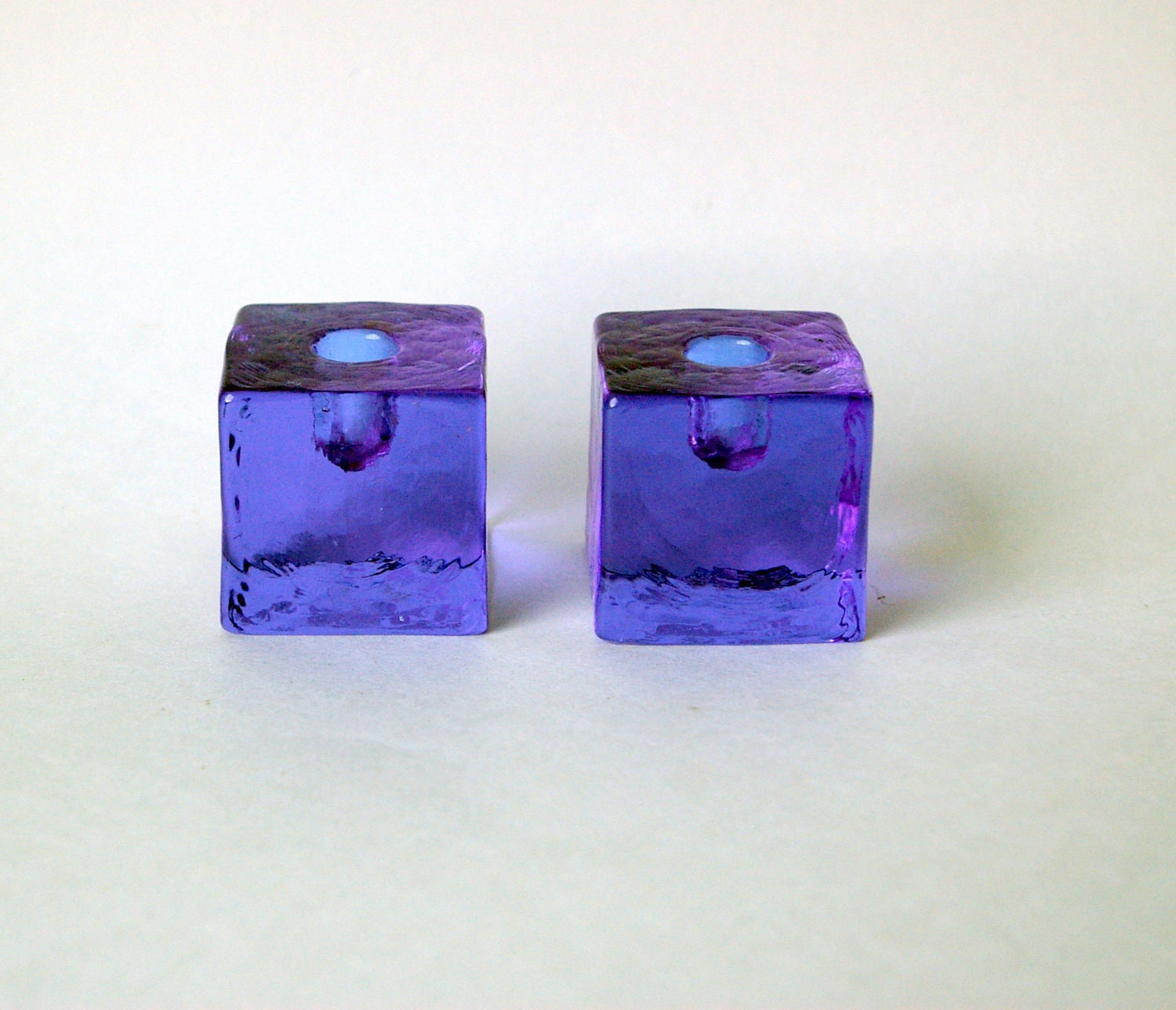 Two Purple Ice Cube Candle Holders by Konst Glashyttan Urshult of Sweden