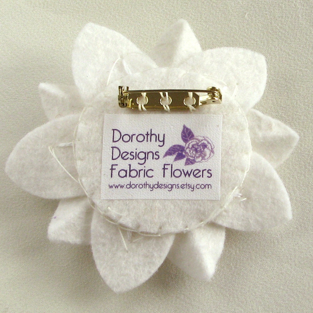White on White Felt Flower Pin with Vintage White Button and Pearls and Hand Embroidery