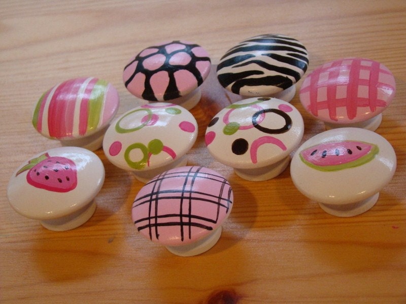 Set of 8 Handpainted BubbleGum and Fruit Drawer Pulls Knobs