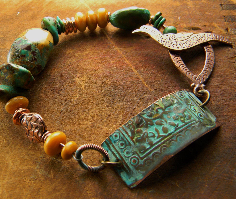 Verdigris Copper Bracelet Turquoise Yellow Bird OOAK