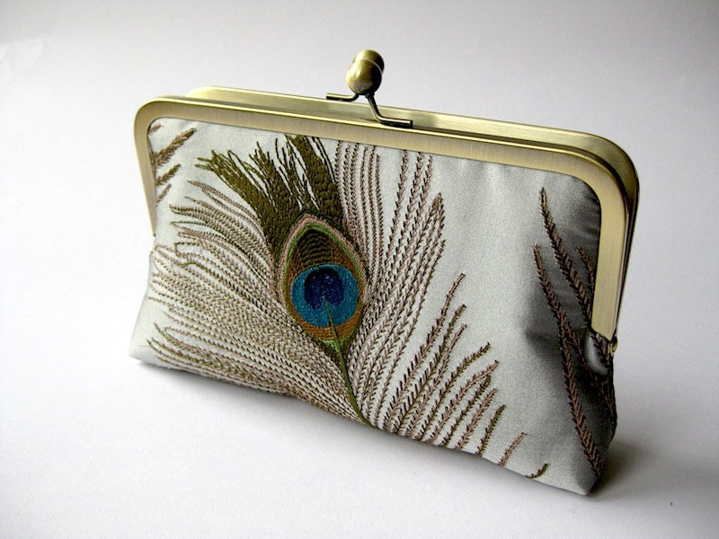 Gray Silver Silk Embroidered Peacock Clutch Purse, Evening Clutch, Bridesmaid clutch, Weddings bride formal clutch purse