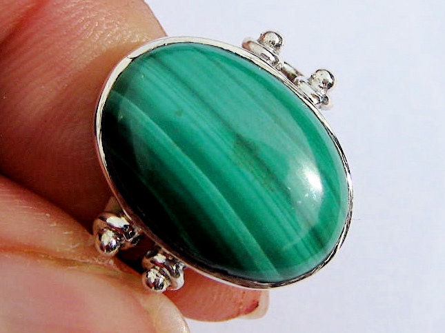 Green Malachite Sterling Silver Ring.  US Size 6.5 - 7.25