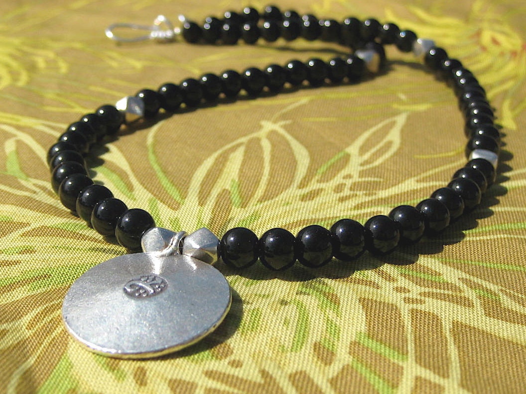 Black Obsidian or Olive Jade Yoga Necklace . Good Luck
