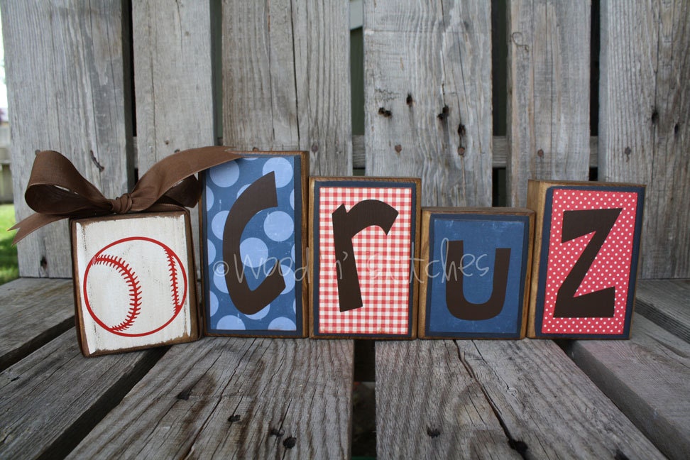 Personalized Wood Block Set (5 piece set). . . nursery wedding home decor primitive gift name personalized wood sign boy girl baby family