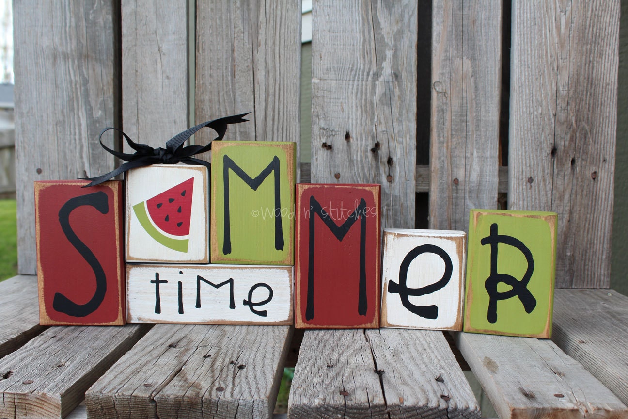 Summer watermelon  Wood Block Set Seasonal Home Decor Primitive Seasonal Gift Birthday AmericanaSign