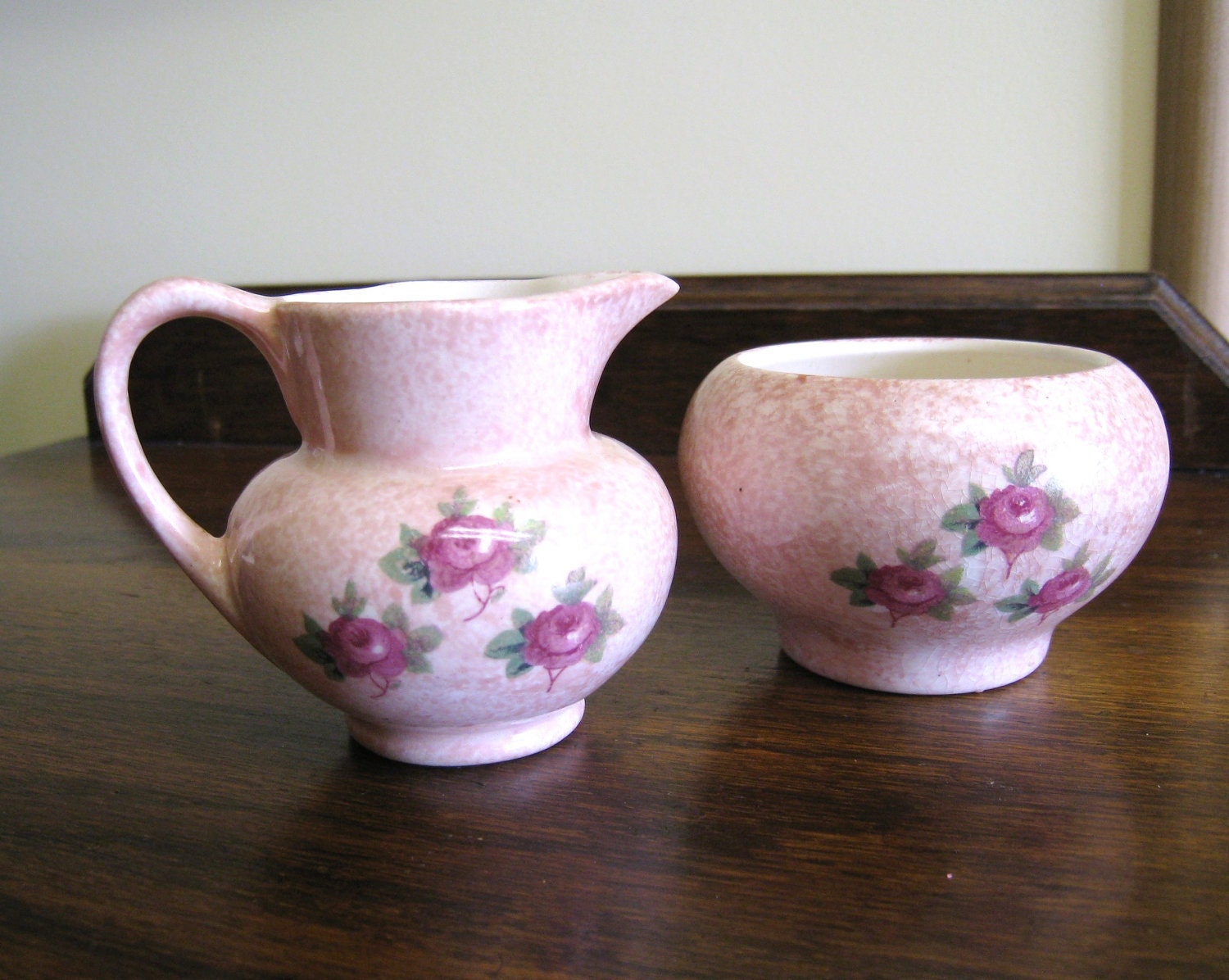 Pink Creamer Sugar  Lancaster Ltd, Hanley England, Vintage Porcelain Mottled Pink with Pink Roses