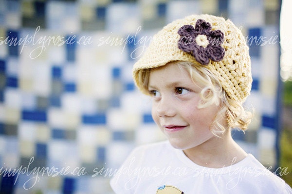 Yellow Newborn Hat, Baby Newsboy Hat, Crochet Baby Hat with Flower, Yellow, Brown, Cotton, 0 to 3 Months