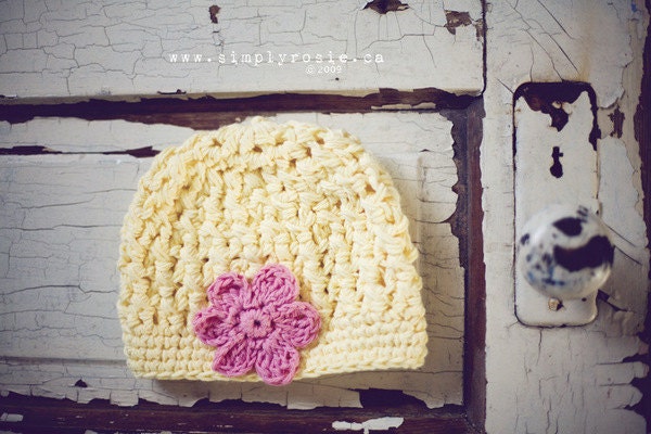 Crochet Baby Hat with Flower, Crochet Beanie for Baby Girl, Yellow, Pink, Cotton, 3 to 6 Months