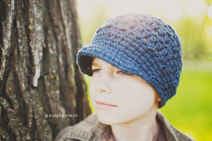 Crochet Hat for Boys, Hat with Visor, Crochet Newsboy Hat, Cap for Boys, Indigo, Cotton, 5T to Preteen