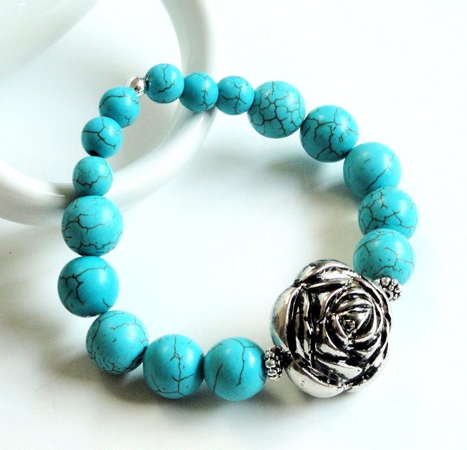 Mothers Day Jewelry - Blue Turquoise Elastic Silver Flower Bracelet/ Blue Stretchy Gemstone Bracelet