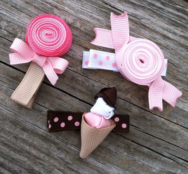 Set of 3 Sweet Treats Lollipop, Wrapped Candy and Ice Cream Cone Ribbon Sculpture Hair Clip Set - Toddler Hair Bows - Free Shipping Promo