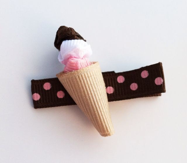 Neapolitan Ice Cream Cone Ribbon Sculpture Hair Clip - Strawberry, Chocolate, and Vanilla Ice Cream Hair Bow - Free Shipping Promo