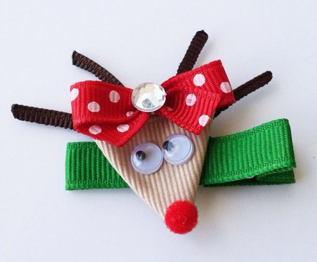 Red Nosed Reindeer Ribbon Sculpture Hair Clip Bow... Free Shipping Promo