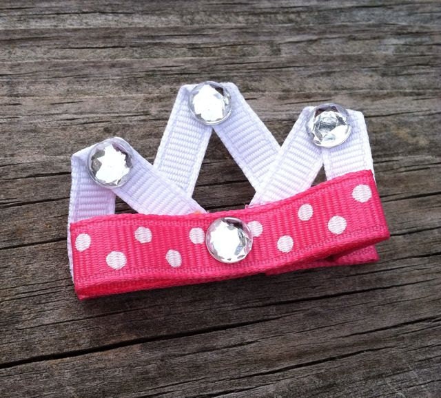 Pink and White Polka Dotted Princess Crown Ribbon Sculpture Hair Clip - Girls Hair Accessories... Free Shipping Promo
