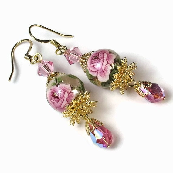 Pink Rose  Earrings,  Vintage Inspired